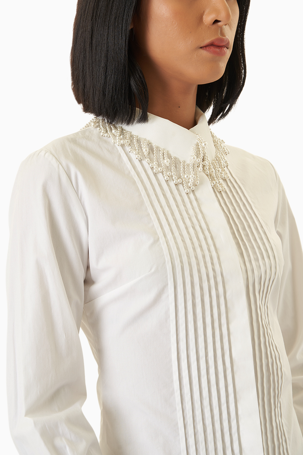 White Pintucked Shirt with Pearl Embellished Collar