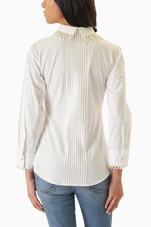 White Pintucked Shirt with Pearl Embellished Collar