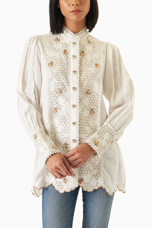 White Linen Shirt with Honeycomb Embroidery