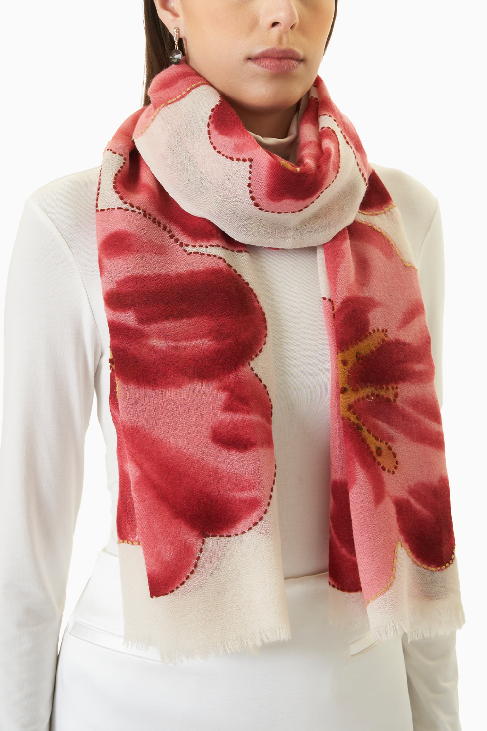 White Red Floral Wool Scarf