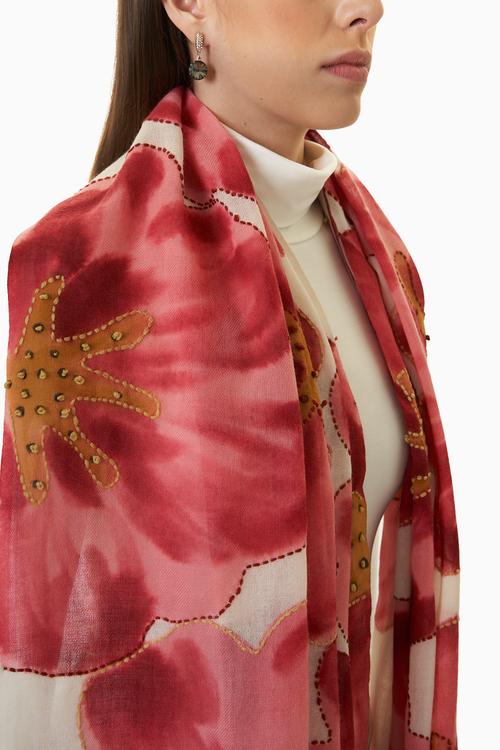 White Red Floral Wool Scarf