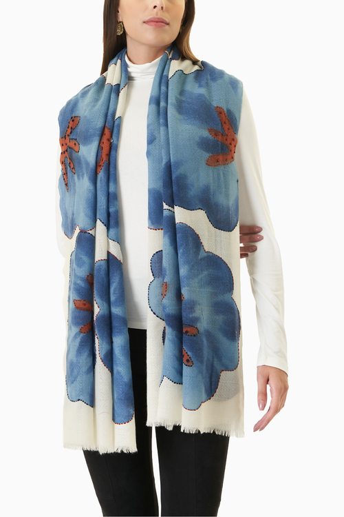 White Blue Floral Wool Scarf