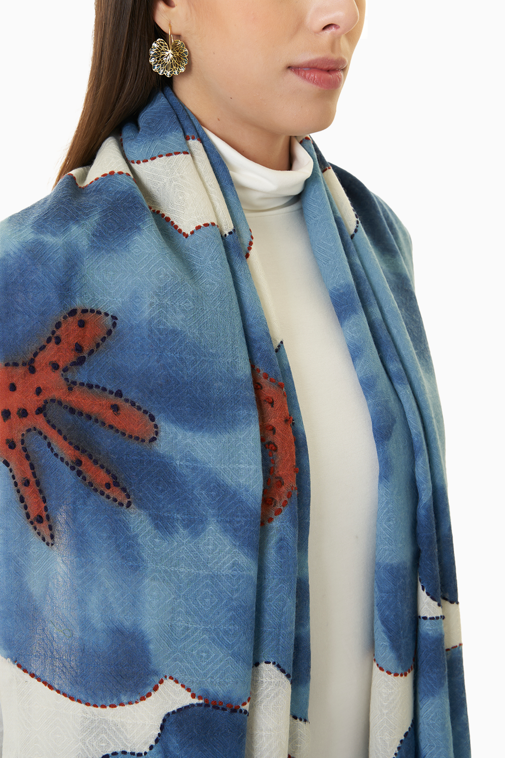 White Blue Floral Wool Scarf