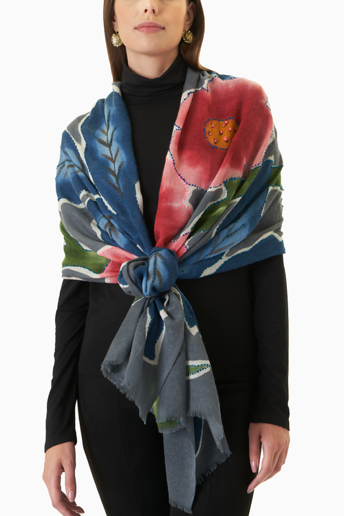Grey Floral Wool Scarf