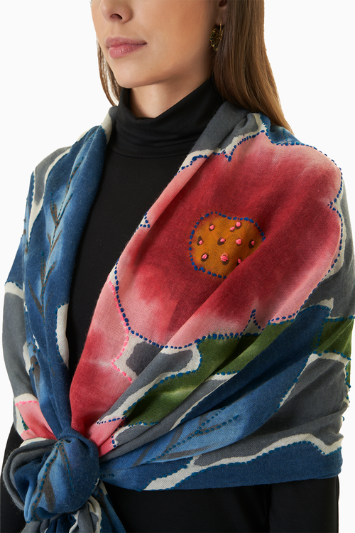 Grey Floral Wool Scarf