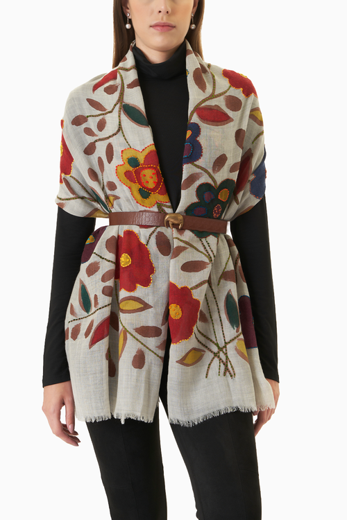 Grey Floral Wool Scarf