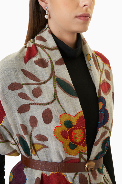 Grey Floral Wool Scarf
