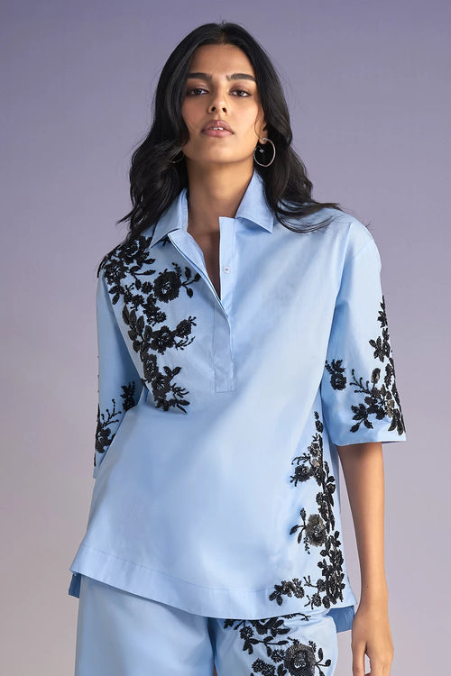 Floral Bead Embroidered Shirt And Pant Set