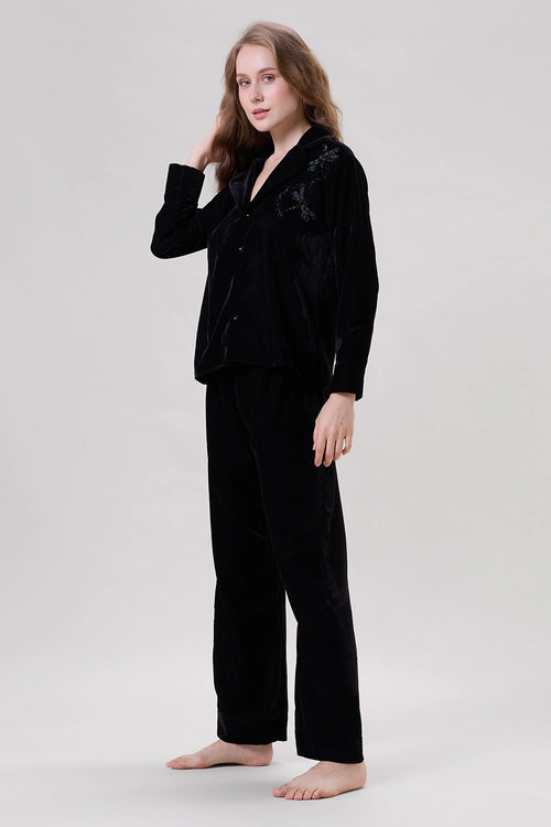 Velvet Hand Embroidered Nightwear Shirt and Pajama