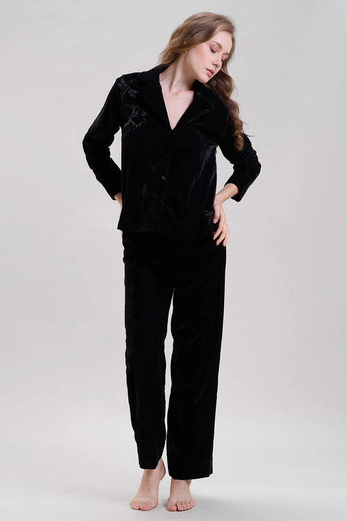 Velvet Hand Embroidered Nightwear Shirt and Pajama