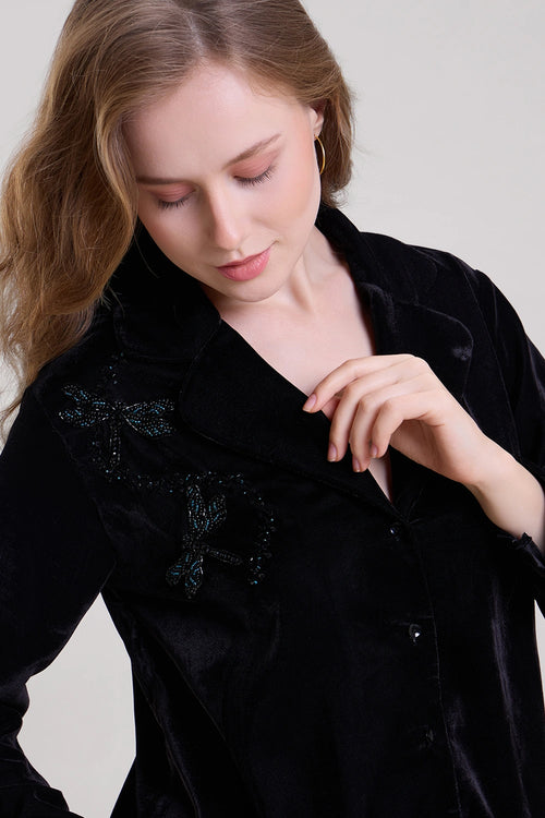 Velvet Hand Embroidered Nightwear Shirt and Pajama