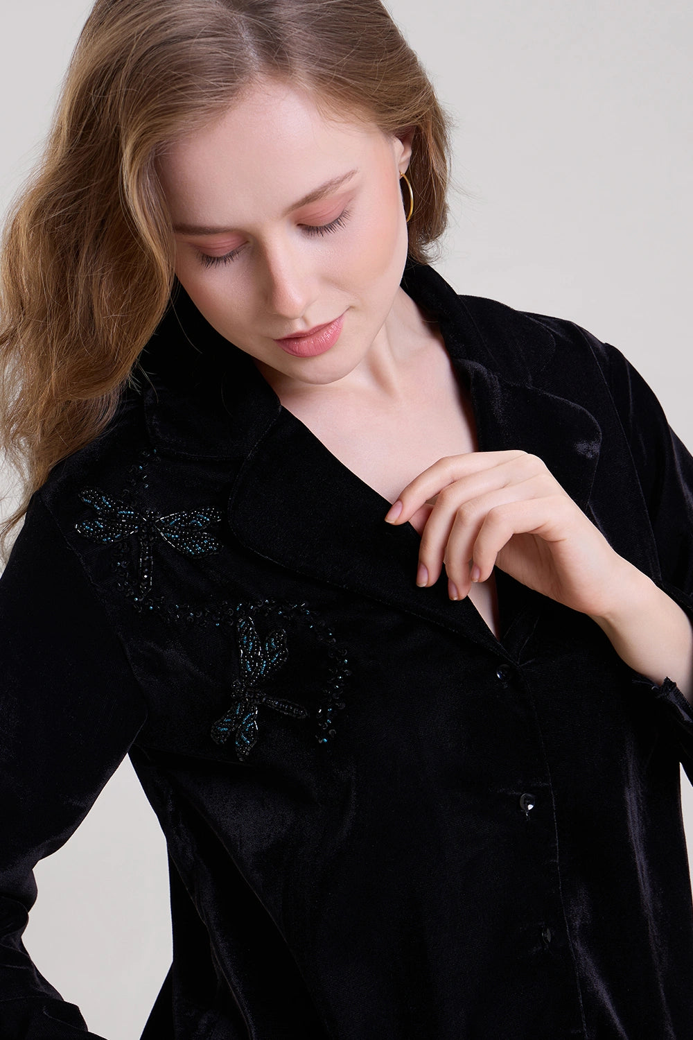 Velvet Hand Embroidered Nightwear Shirt and Pajama