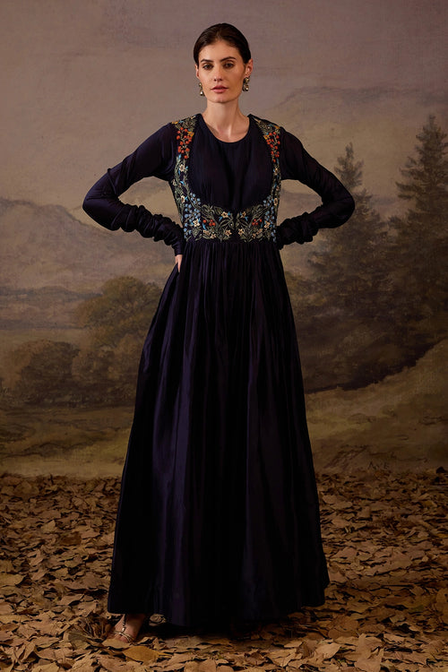 Blue Floral Embroidered Bodice Gown