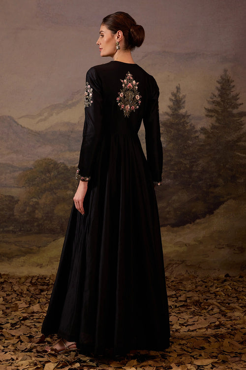 Black Gown with Ornate Floral Embroidery