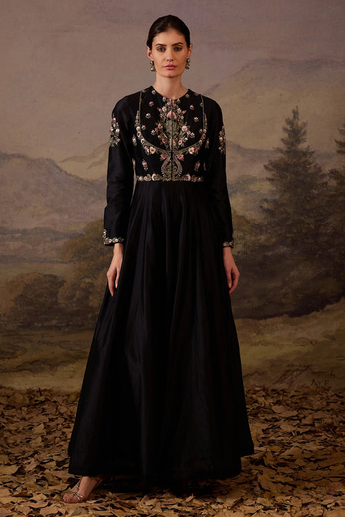 Black Gown with Ornate Floral Embroidery