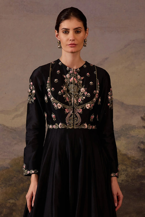 Black Gown with Ornate Floral Embroidery