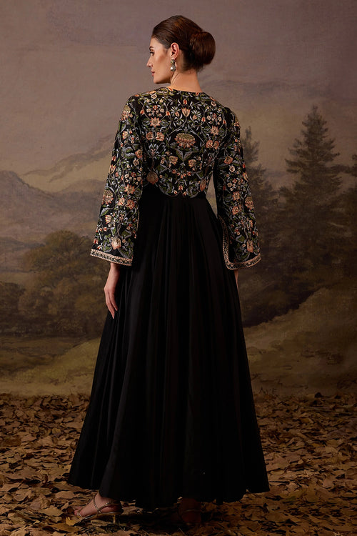 Black Gown with Multicolour Floral Embroidery