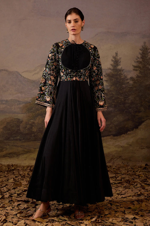 Black Gown with Multicolour Floral Embroidery