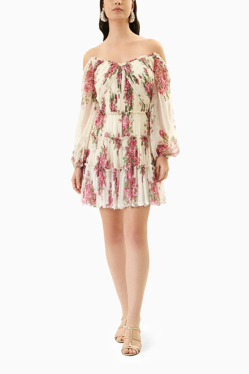 Rose Printed Off-Shoulder Short Dress