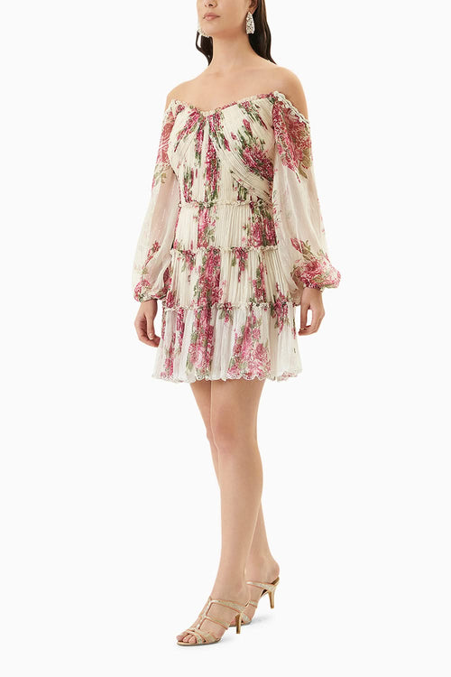 Rose Printed Off-Shoulder Short Dress