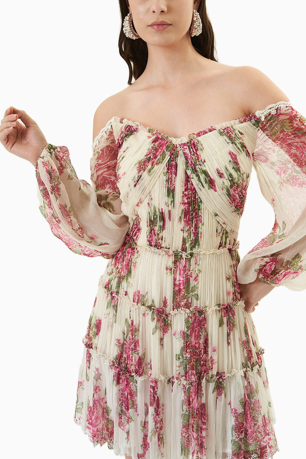 Rose Printed Off-Shoulder Short Dress