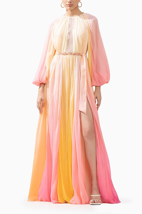 Multicolour Ombre Printed Chiffon Dress With Slit