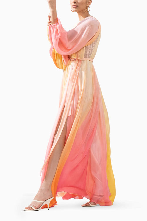 Multicolour Ombre Printed Chiffon Dress With Slit