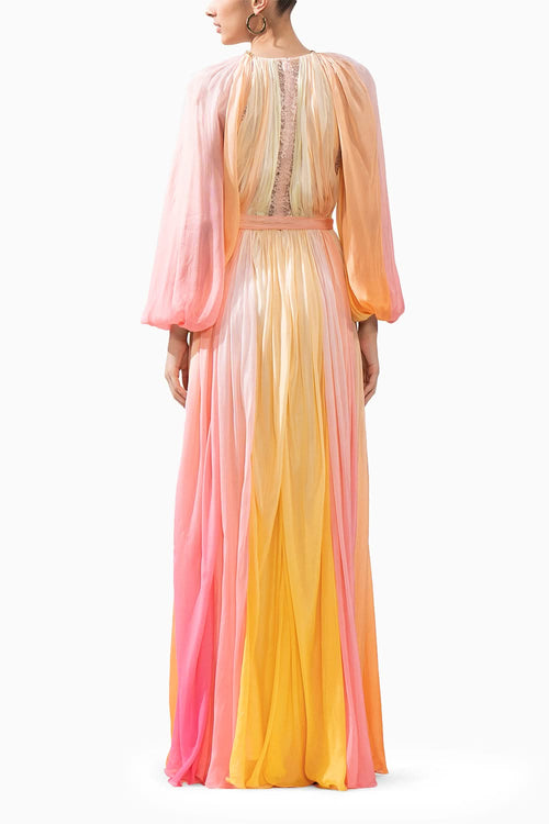 Multicolour Ombre Printed Chiffon Dress With Slit