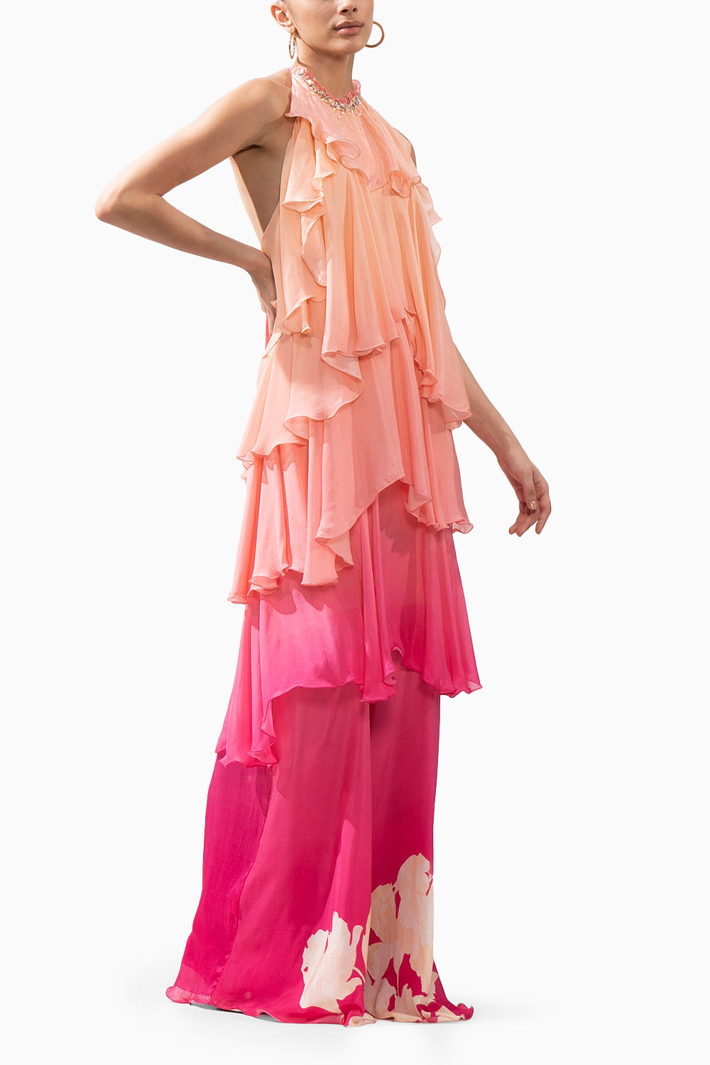 Ombre Placement Printed Chiffon Tiered Dress