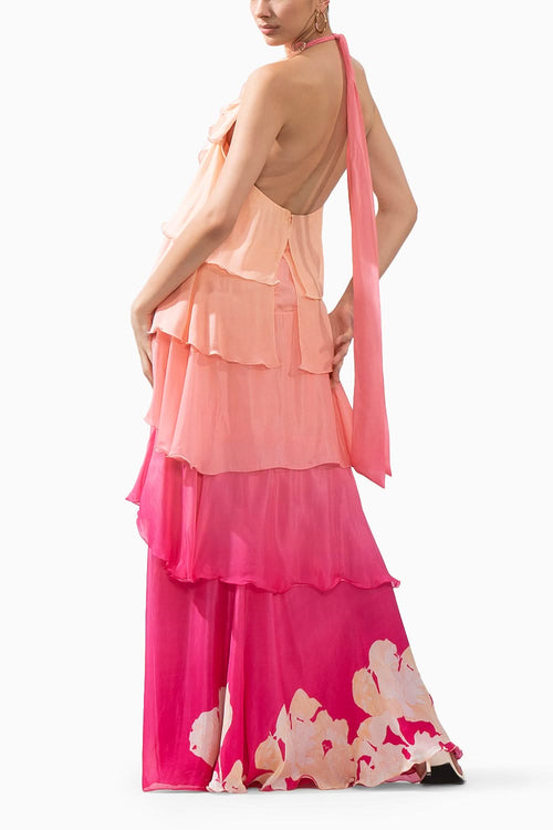 Ombre Placement Printed Chiffon Tiered Dress