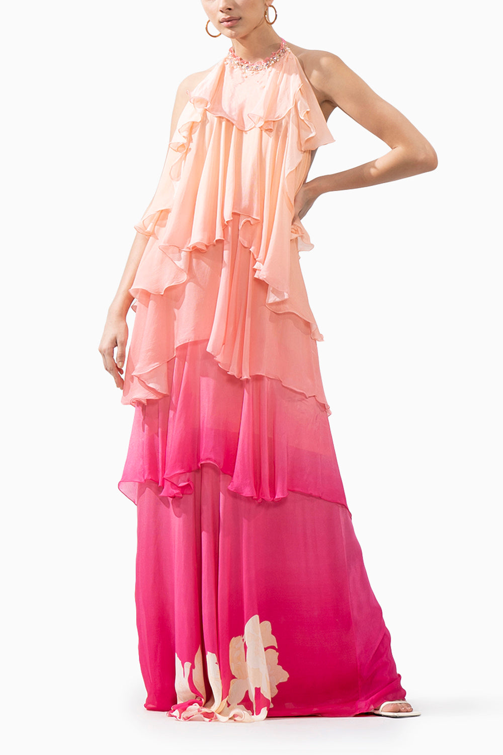 Ombre Placement Printed Chiffon Tiered Dress