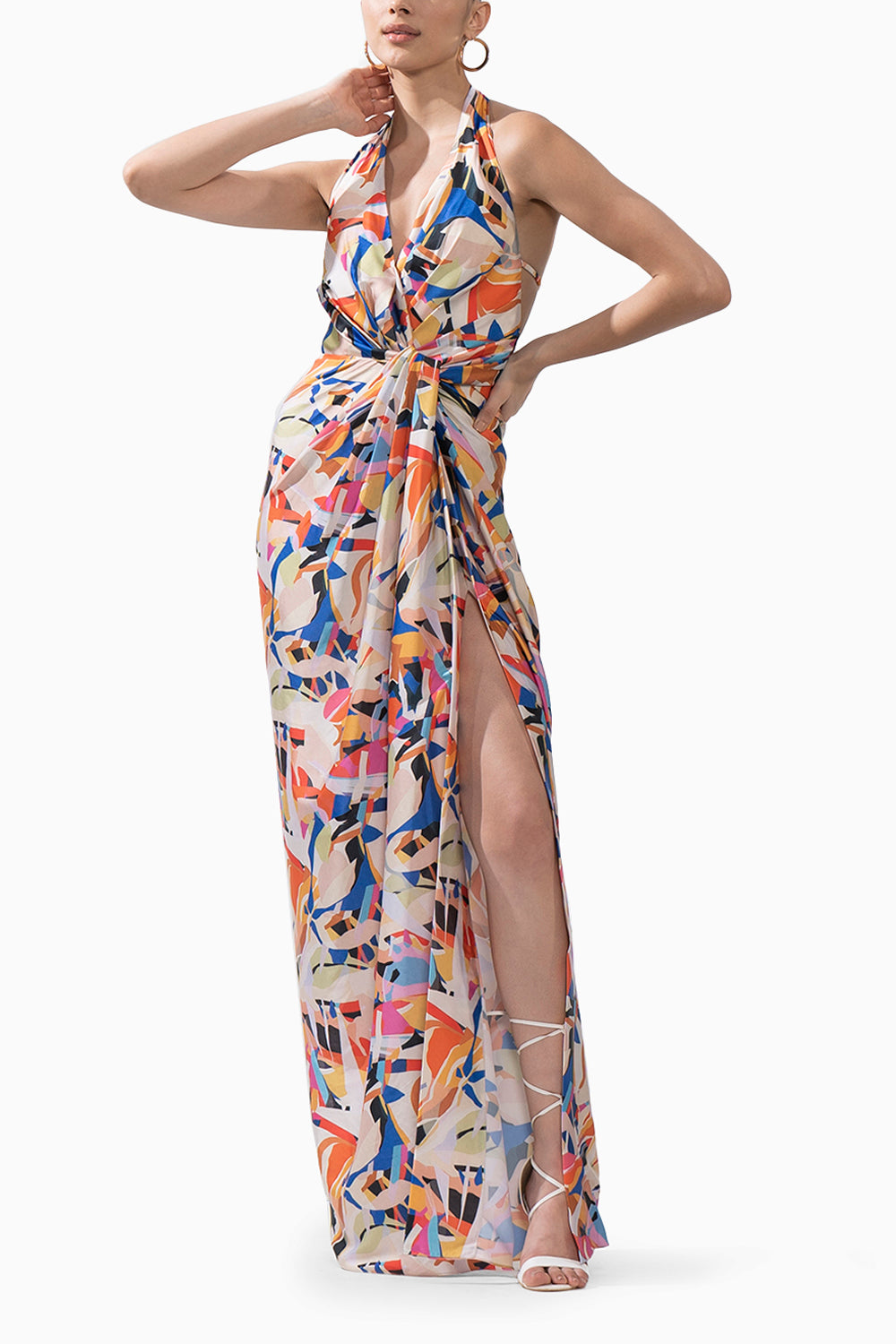 Abstract Geo Printed Draped Halter Neck Dress
