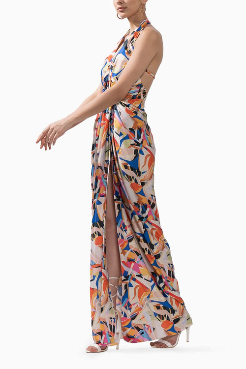 Abstract Geo Printed Draped Halter Neck Dress