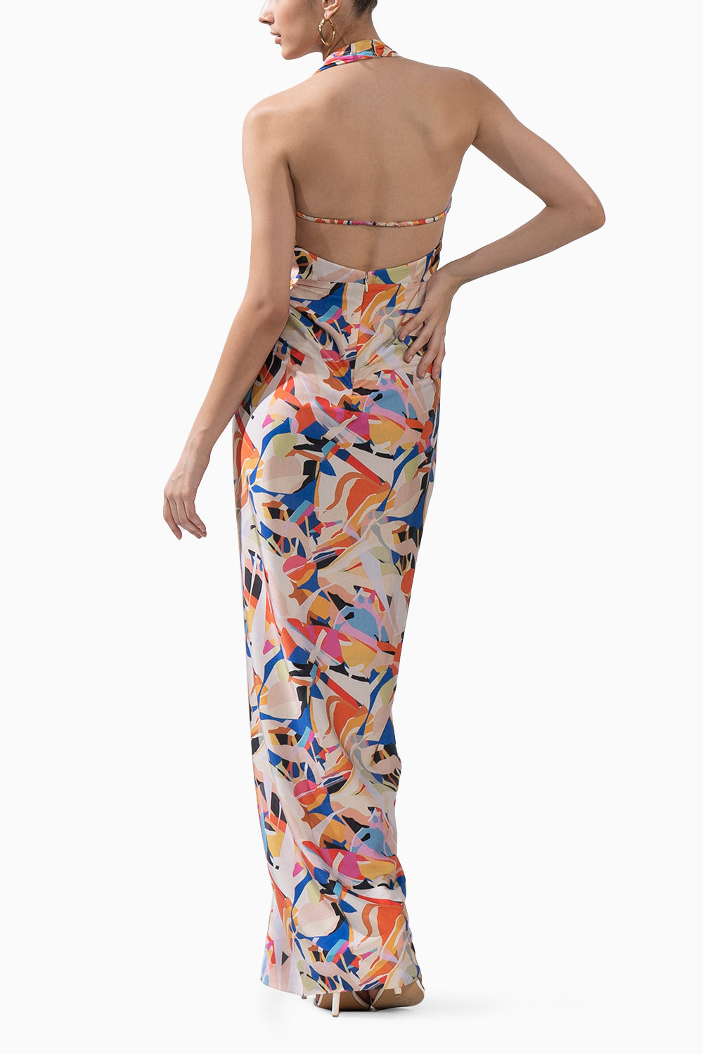 Abstract Geo Printed Draped Halter Neck Dress