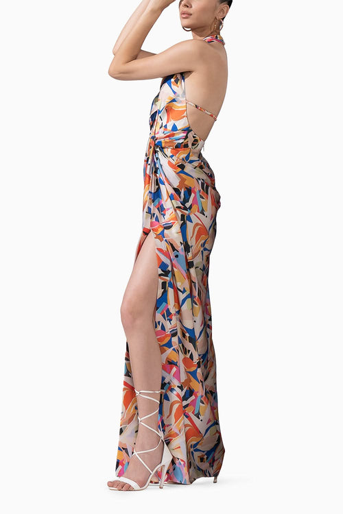 Abstract Geo Printed Draped Halter Neck Dress
