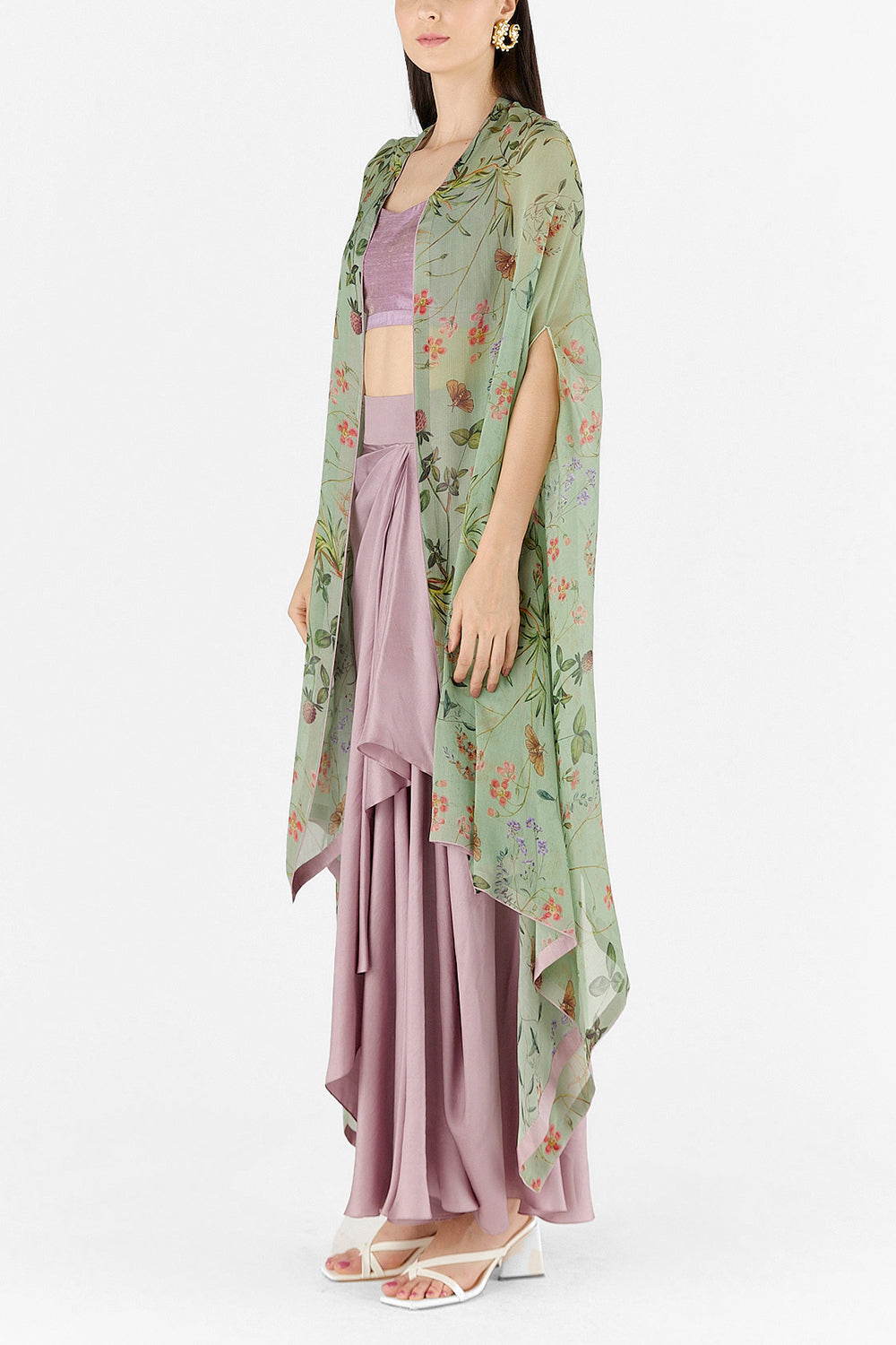 Green Floral Printed Cape Set