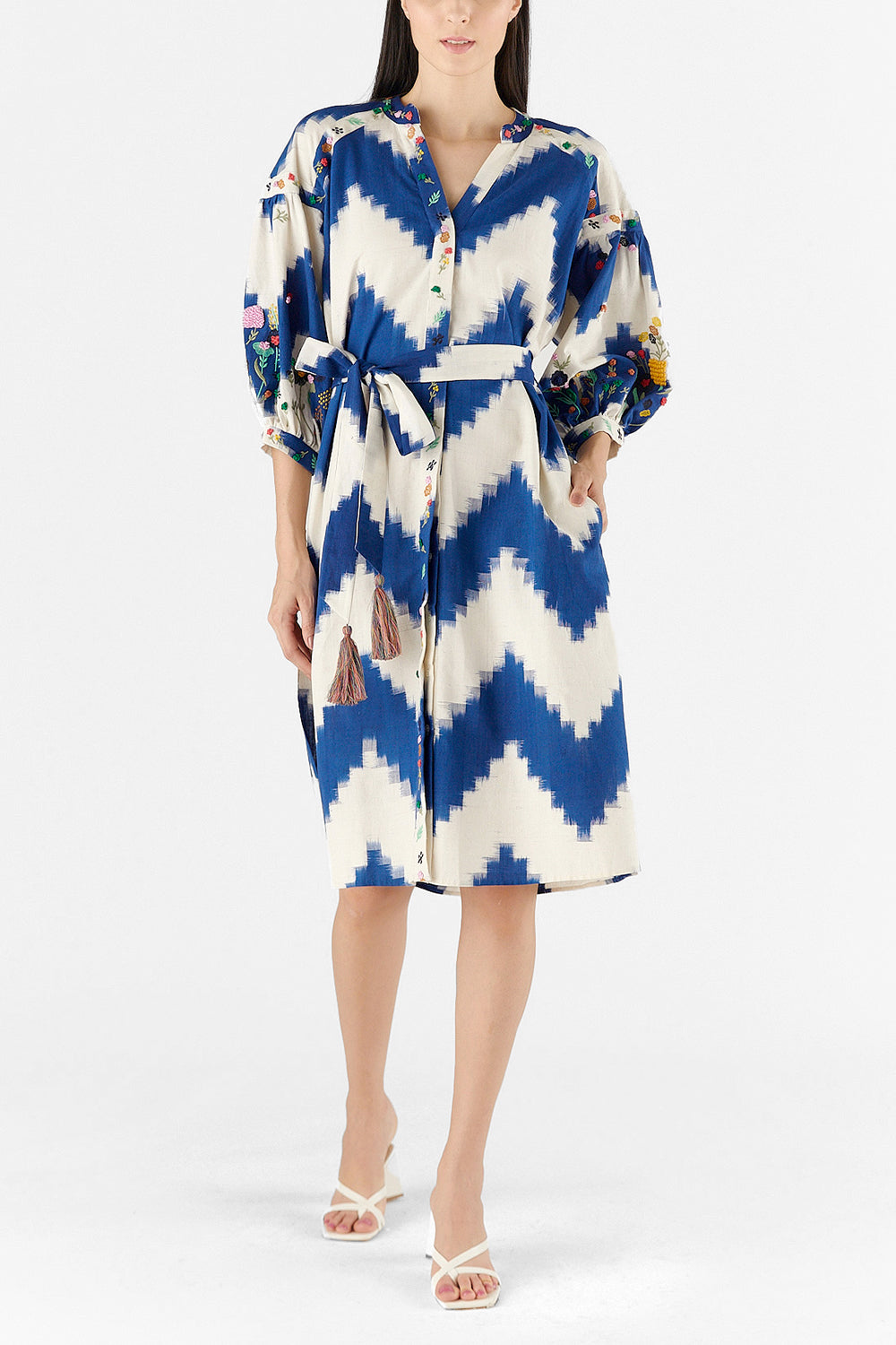 Blue Zig Zag Dress With Multicoloured Embroidery