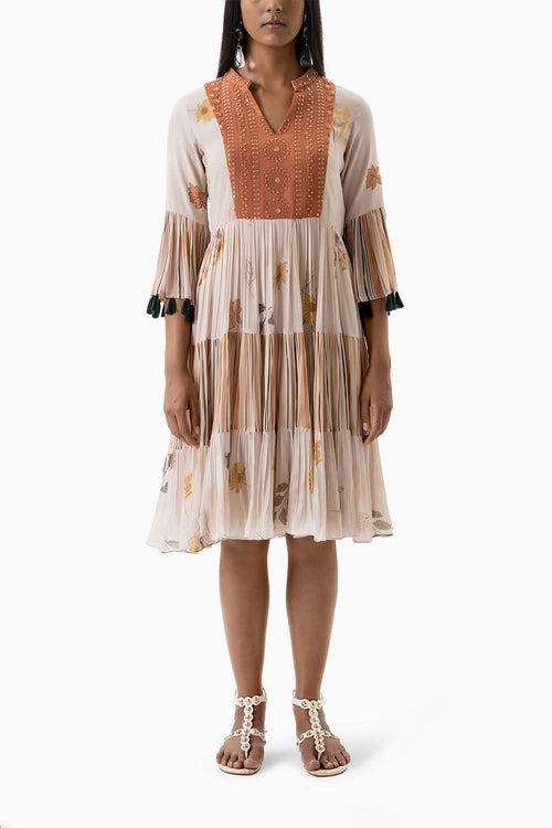 Rust Stripes Tier Dress with Doodle Print