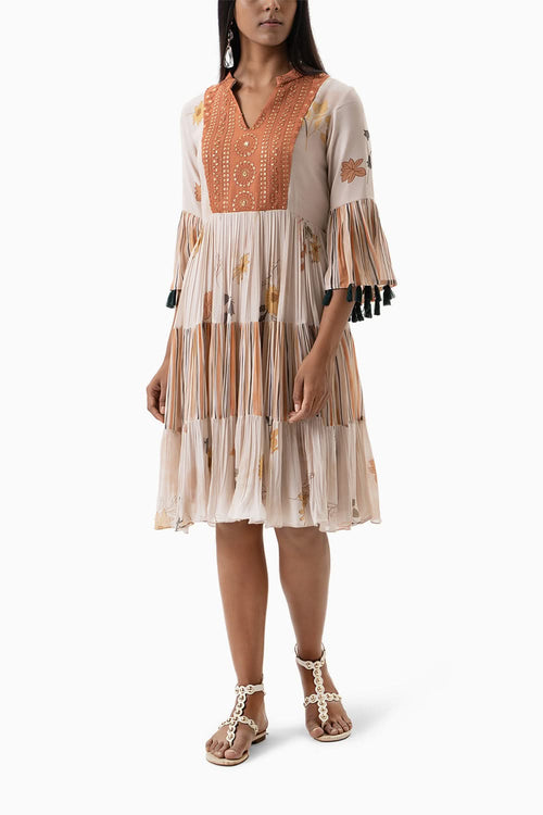 Rust Stripes Tier Dress with Doodle Print