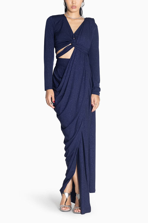 Star Blue Sari with Tie Up Top