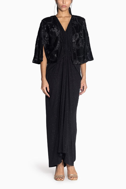 Black Pleated Dress with Wave Cape