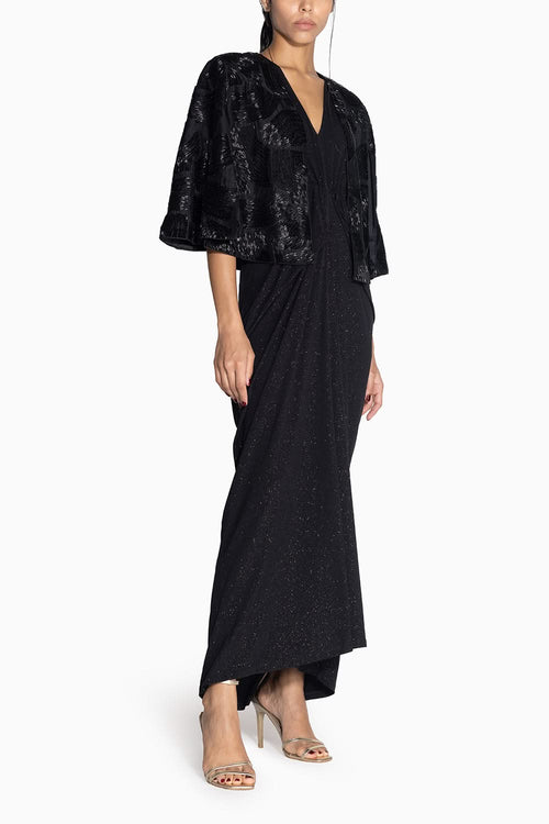 Black Pleated Dress with Wave Cape