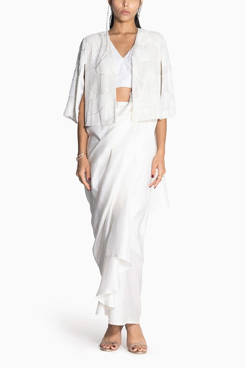 Masai Godet White Sari with Masai Top and Wave Cape