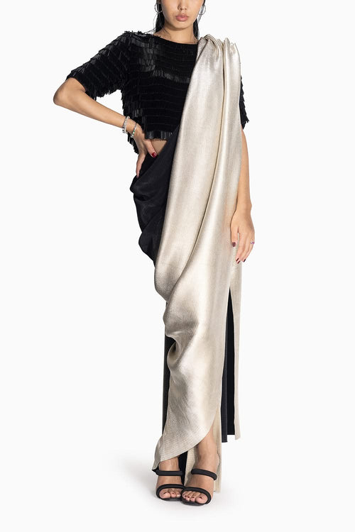Midnight Black Gold Sari with Swing Top