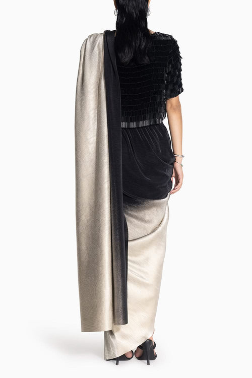 Midnight Black Gold Sari with Swing Top