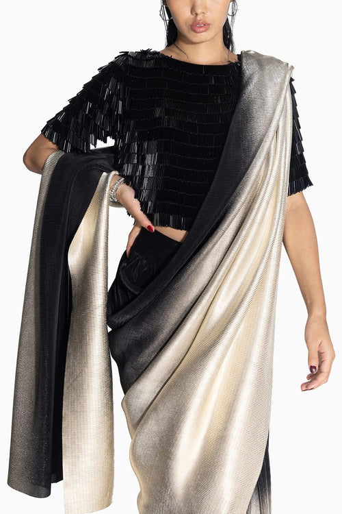 Midnight Black Gold Sari with Swing Top