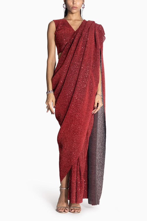 Sequins Red Sari with AQS Top