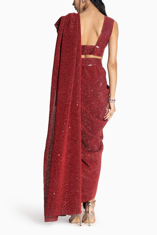 Sequins Red Sari with AQS Top