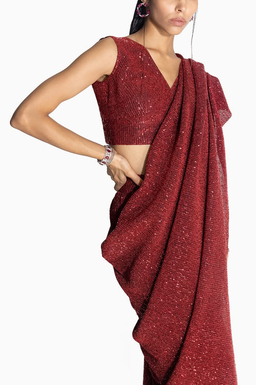 Sequins Red Sari with AQS Top