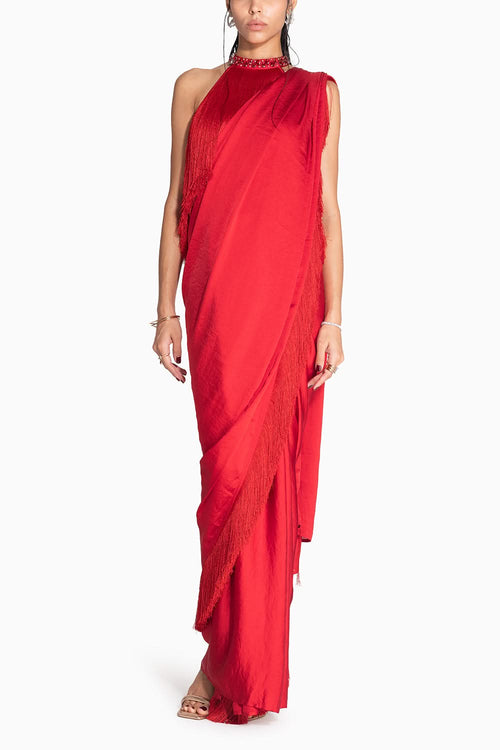 Noor Red Fringe Sari with Jewelled Halter Top